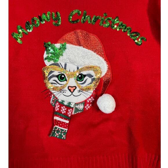 Festive Christmas Ugly Sweater Cat with Cateye glasses, Medium, Red - Picture 1 of 7